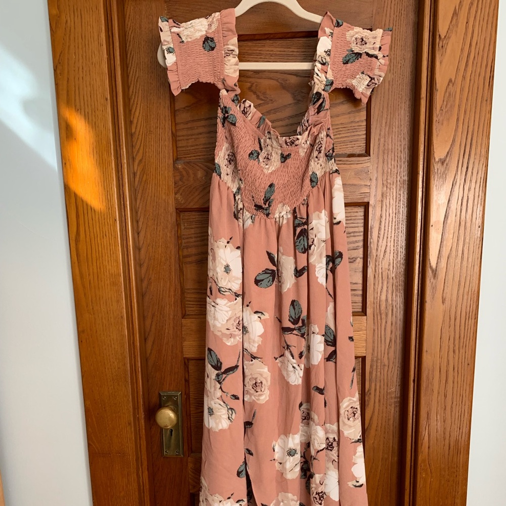 Boutique dusty pink maxi dress with slit and ruched off the shoulder sleeves